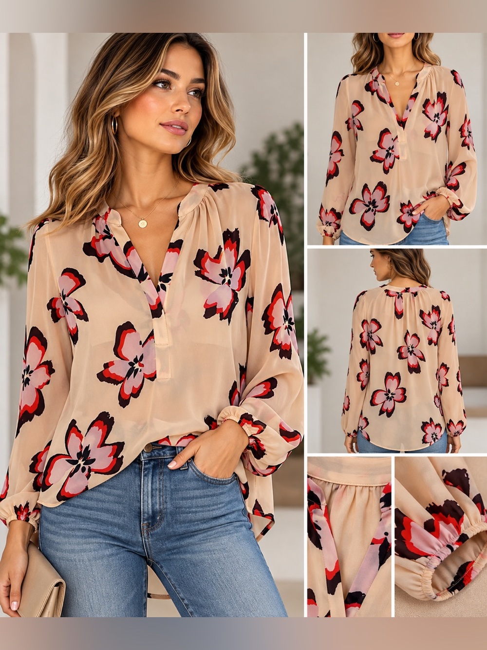 A.L.C. 100% Silk Floral Blouse Size 8 Beige Red Pink Hi Low Boho